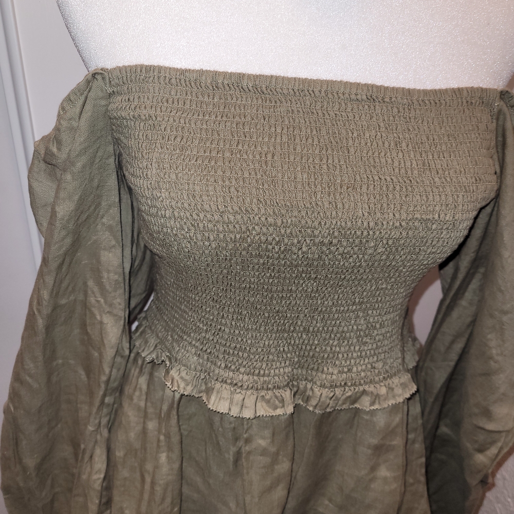 Quince Olive Boho Green Long Sleeved Smocked Dress - Picture 3 of 7